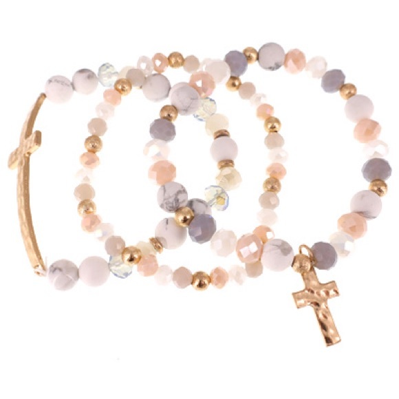 1085-3Pcs Cross Stretch Bead Bracelets -White/Gray - Picture 3 of 3
